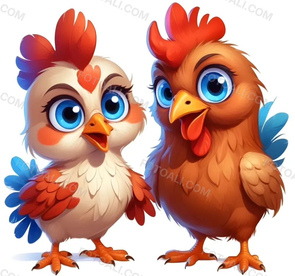 Digital Painting Cartoon Chicken And Hen With Big Red Eyes Blue Crests Blue Feathers And Small Beaks White Background Bold And Slim Lines Brush Strokes 8 A84e