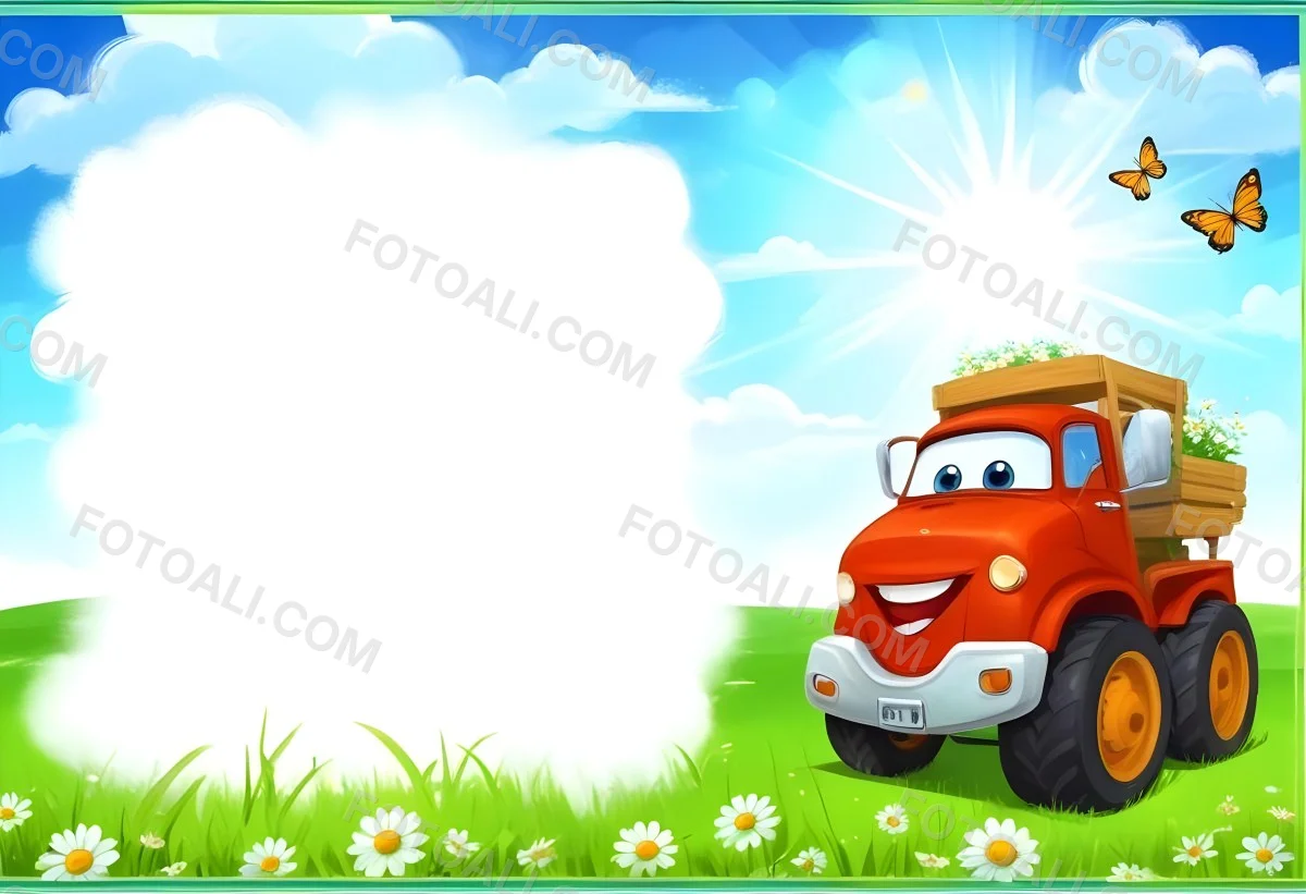 Digital Painting Cartoon Green Truck With A Smiling Face On A Green Field With Daisies Blue Sky With Clouds And Sun Rays Bold And Slim Lines Brush Strokes 12 9efe