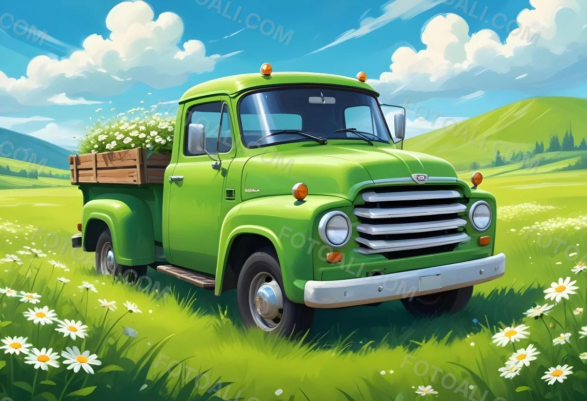Digital Painting Cartoon Green Truck With A Smiling Face On A Green Field With Daisies Blue Sky With Clouds And Sun Rays Bold And Slim Lines Brush Strokes 13 0947