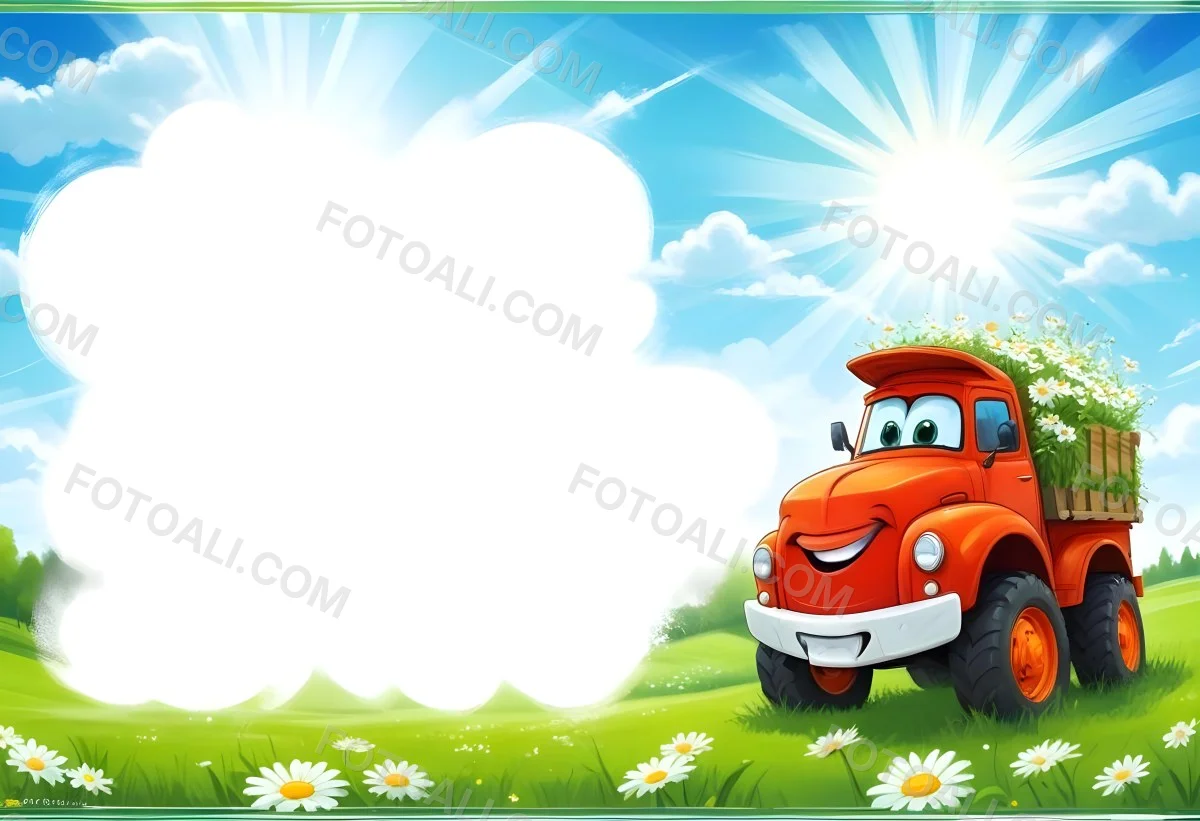 Digital Painting Cartoon Green Truck With A Smiling Face On A Green Field With Daisies Blue Sky With Clouds And Sun Rays Bold And Slim Lines Brush Strokes 14 F50a