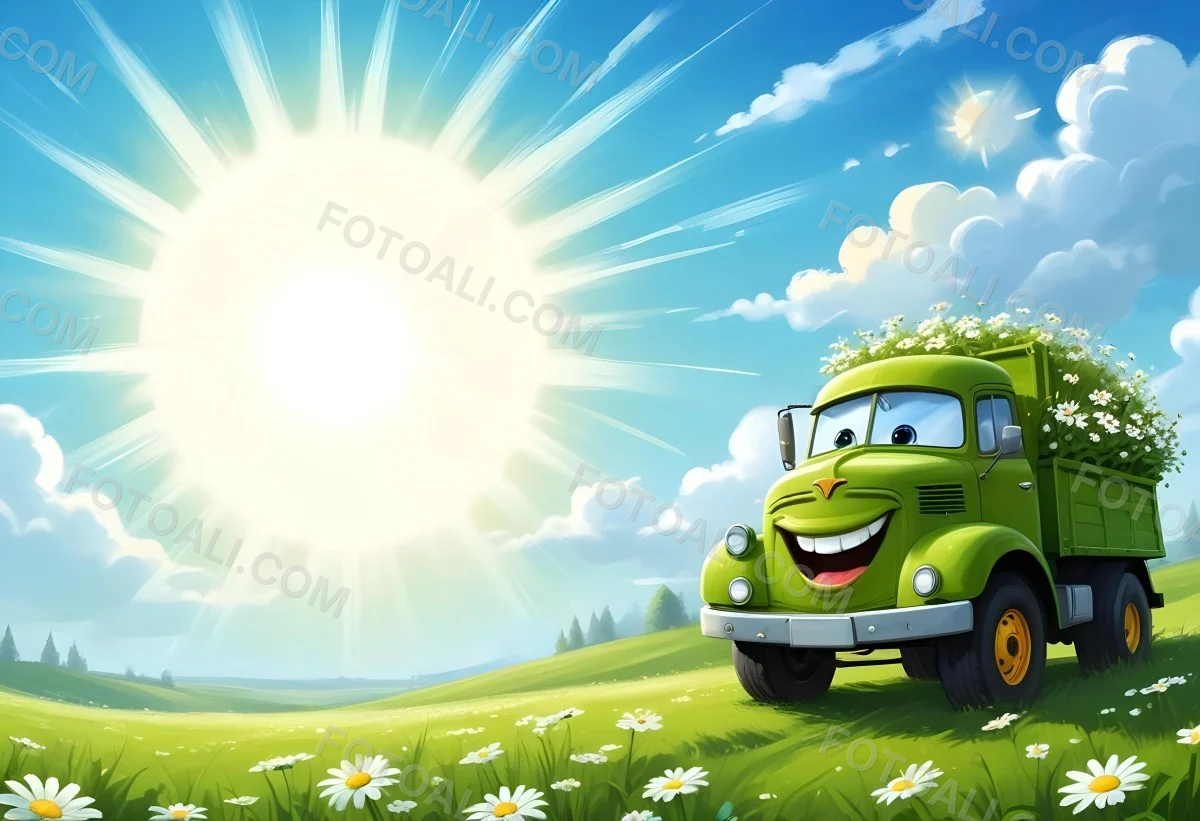 Digital Painting Cartoon Green Truck With A Smiling Face On A Green Field With Daisies Blue Sky With Clouds And Sun Rays Bold And Slim Lines Brush Strokes 17 764f