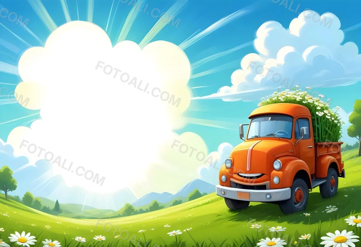 Digital Painting Cartoon Green Truck With A Smiling Face On A Green Field With Daisies Blue Sky With Clouds And Sun Rays Bold And Slim Lines Brush Strokes 18 F453