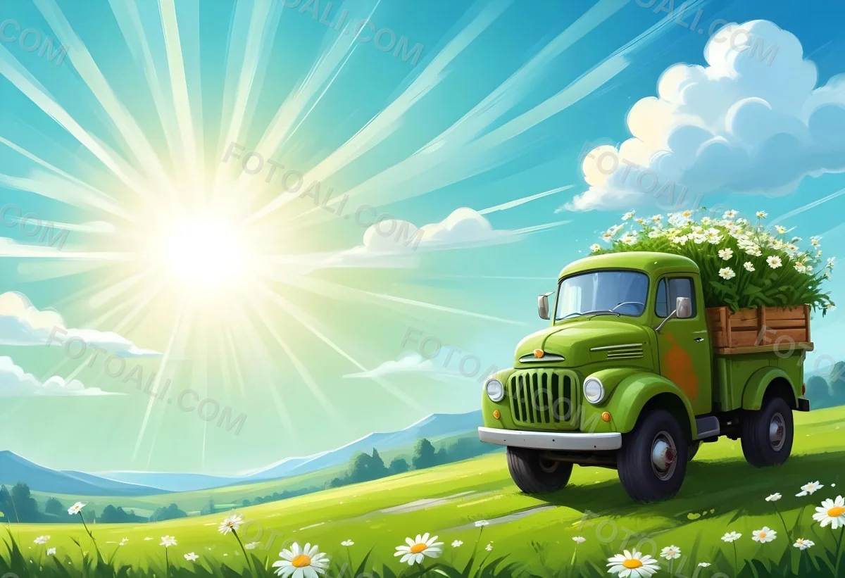 Digital Painting Cartoon Green Truck With A Smiling Face On A Green Field With Daisies Blue Sky With Clouds And Sun Rays Bold And Slim Lines Brush Strokes 20 Dfab