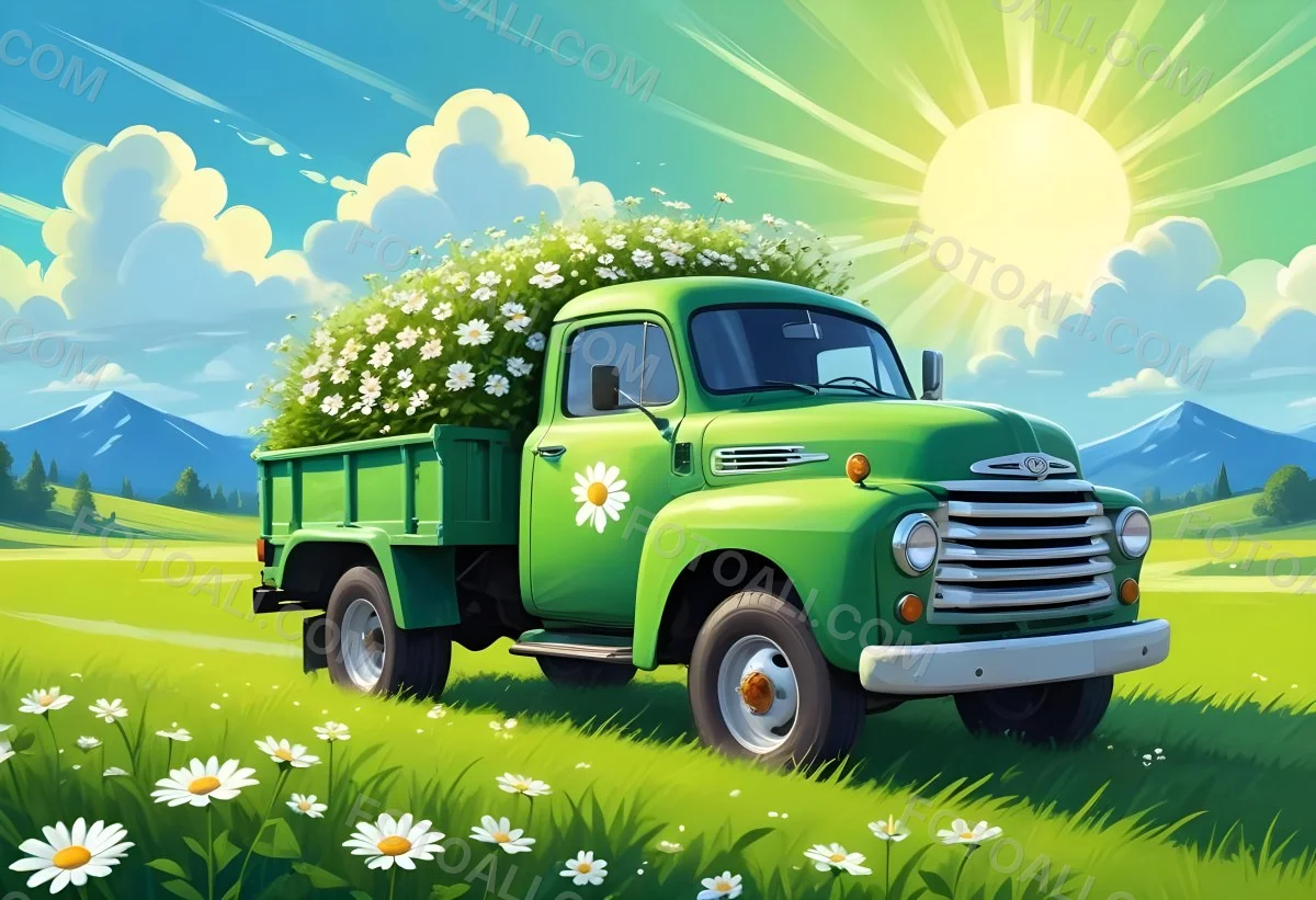 Digital Painting Cartoon Green Truck With A Smiling Face On A Green Field With Daisies Blue Sky With Clouds And Sun Rays Bold And Slim Lines Brush Strokes 21 3f84
