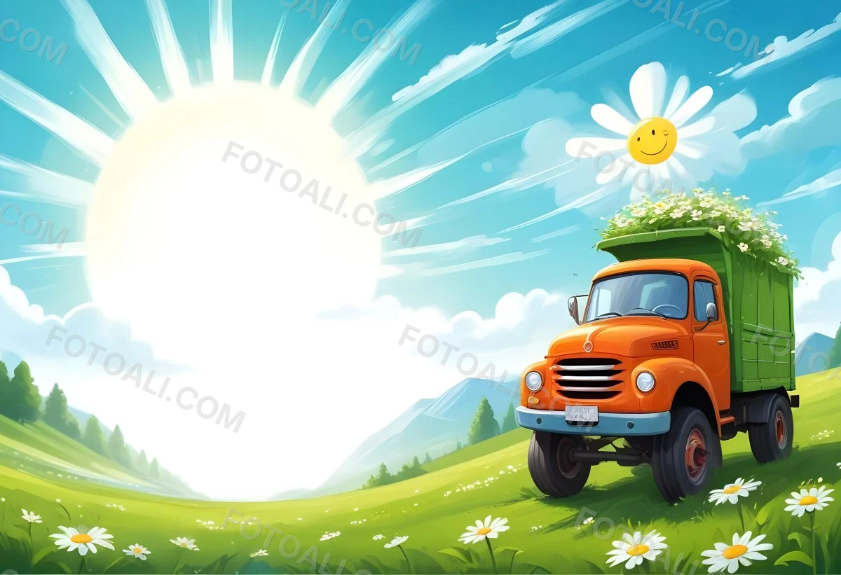 Digital Painting Cartoon Green Truck With A Smiling Face On A Green Field With Daisies Blue Sky With Clouds And Sun Rays Bold And Slim Lines Brush Strokes 25 Dc38