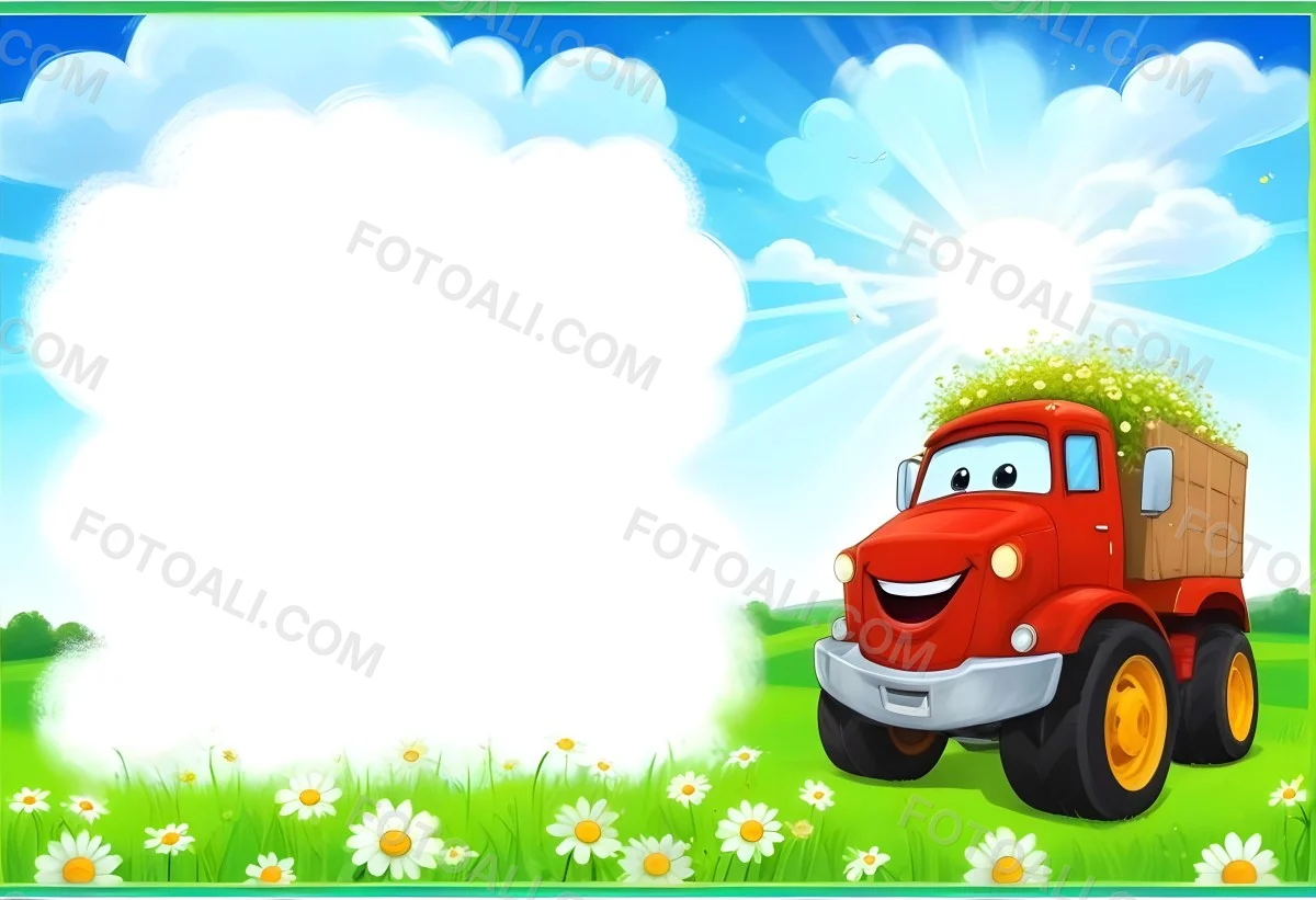 Digital Painting Cartoon Green Truck With A Smiling Face On A Green Field With Daisies Blue Sky With Clouds And Sun Rays Bold And Slim Lines Brush Strokes 8 1c5c