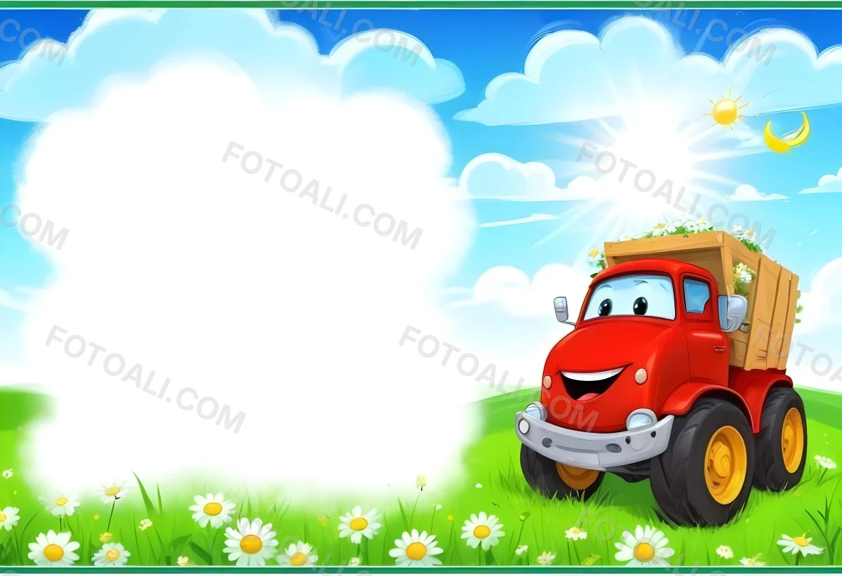 Digital Painting Cartoon Green Truck With A Smiling Face On A Green Field With Daisies Blue Sky With Clouds And Sun Rays Bold And Slim Lines Brush Strokes 9 3558