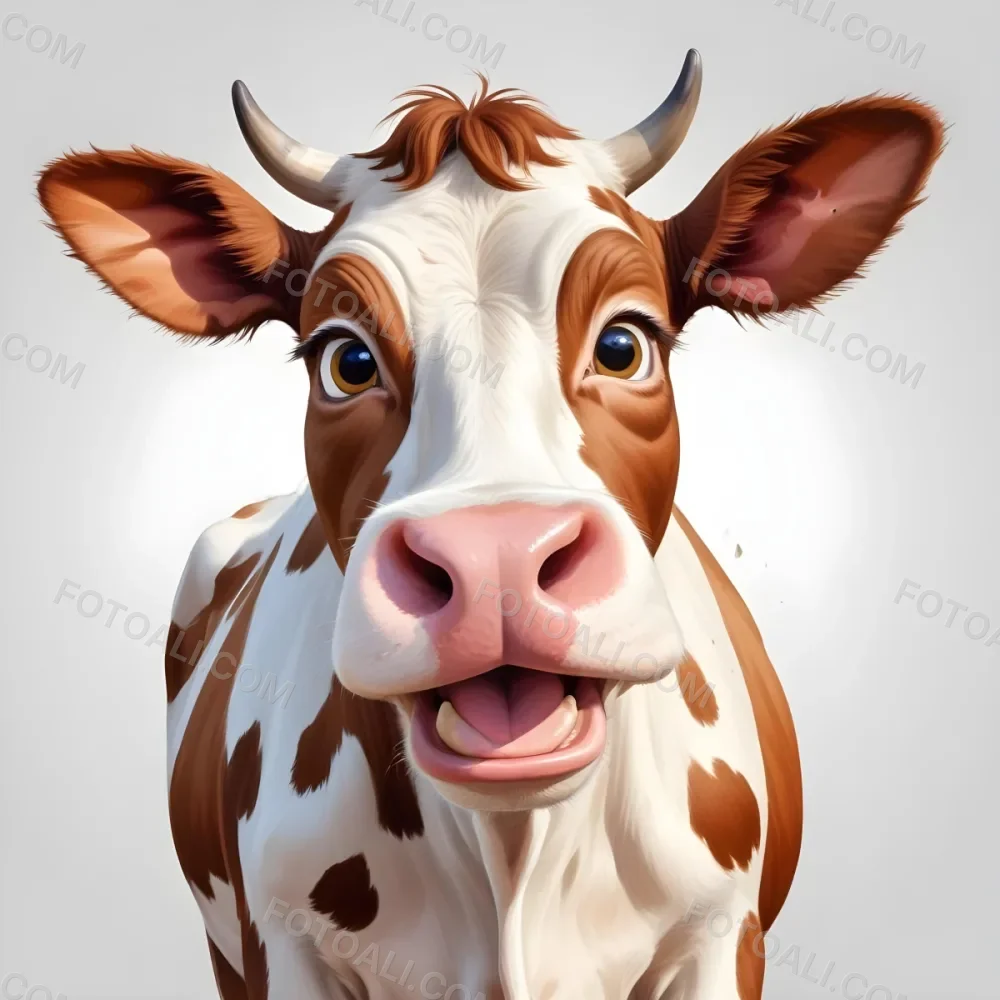 Digital Painting Cartoon Of A Surprised Cow With Its Mouth Open Brown And White Spots Big Eyes And Horns Isolated On White Background Bold And Slim Lines Brush Strokes 2 C145