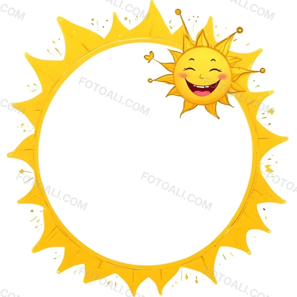 Digital Painting Cartoon Sun With A Happy Face And A Butterfly Yellow Frame With Sun Spikes Yellow Background With Some Glitters Bold And Slim Lines Brush Strokes 1 3f3e