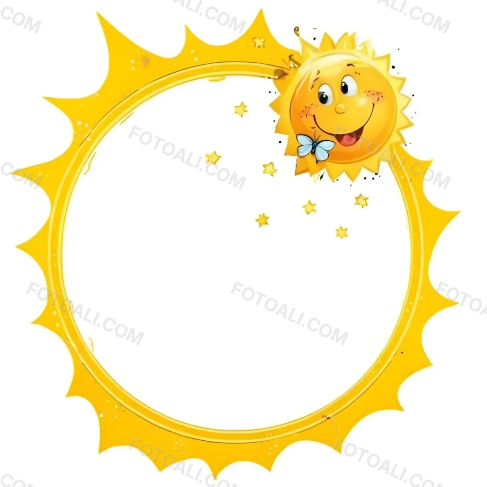 Digital Painting Cartoon Sun With A Happy Face And A Butterfly Yellow Frame With Sun Spikes Yellow Background With Some Glitters Bold And Slim Lines Brush Strokes 16 224a