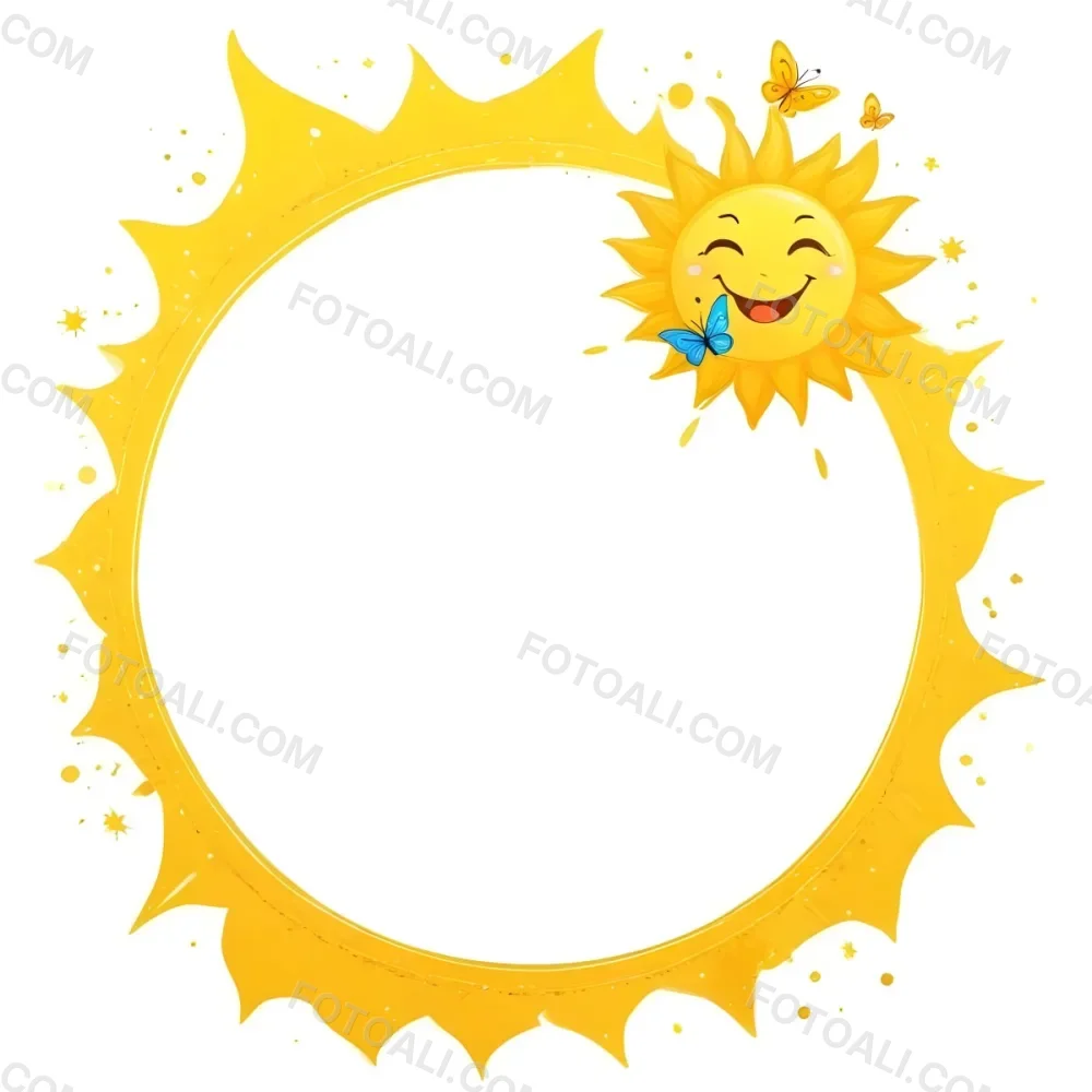 Digital Painting Cartoon Sun With A Happy Face And A Butterfly Yellow Frame With Sun Spikes Yellow Background With Some Glitters Bold And Slim Lines Brush Strokes 35 97e8