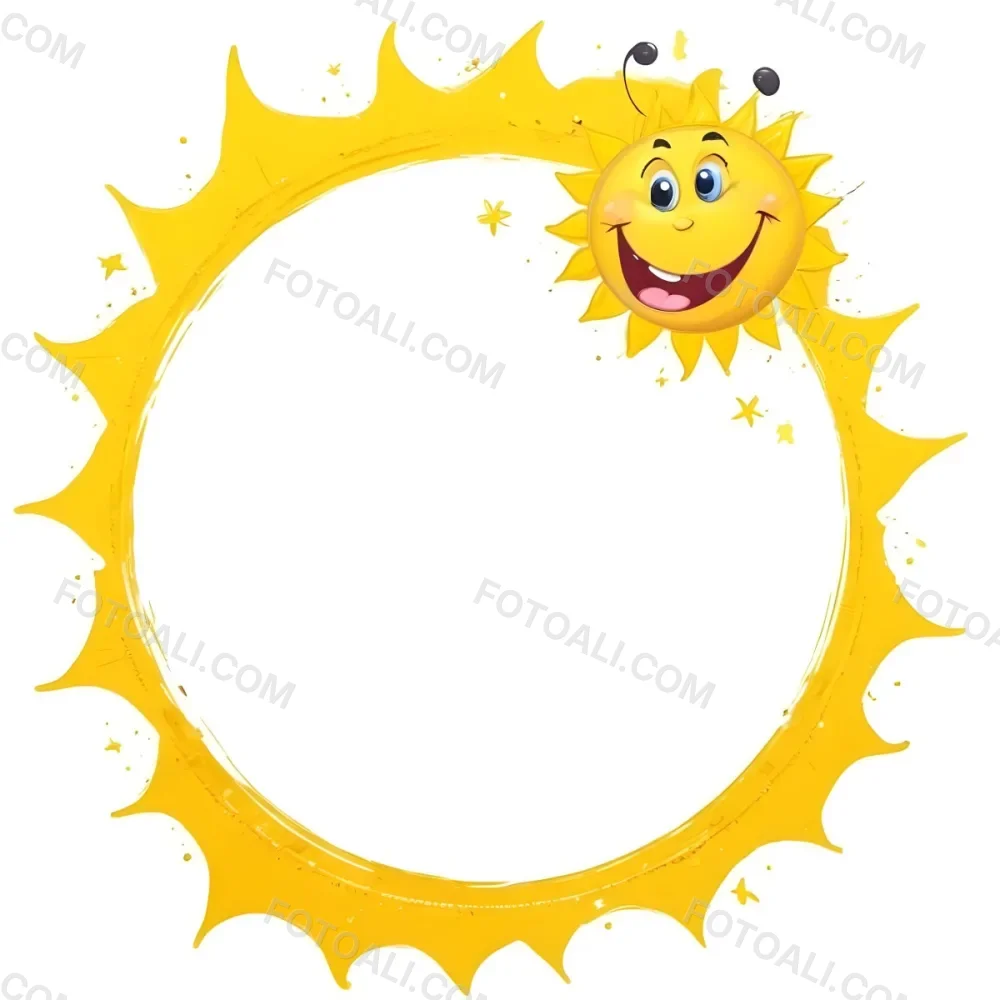 Digital Painting Cartoon Sun With A Happy Face And A Butterfly Yellow Frame With Sun Spikes Yellow Background With Some Glitters Bold And Slim Lines Brush Strokes 5 2b54