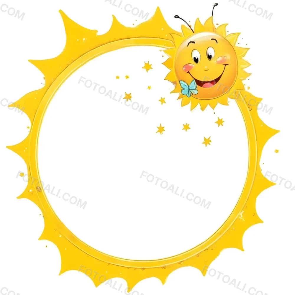 Digital Painting Cartoon Sun With A Happy Face And A Butterfly Yellow Frame With Sun Spikes Yellow Background With Some Glitters Bold And Slim Lines Brush Strokes 8 01cf