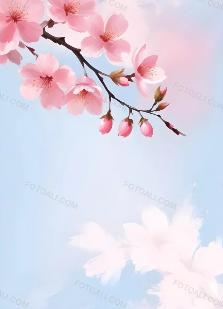 Digital Painting Cherry Blossom Branch With Pink Flowers And Buds Pink Background Soft Lighting Delicate Petals Elegant Composition Spring Theme Floral Design Botanical Illustration Bold And Slim Lines Brush Stro 1 681b