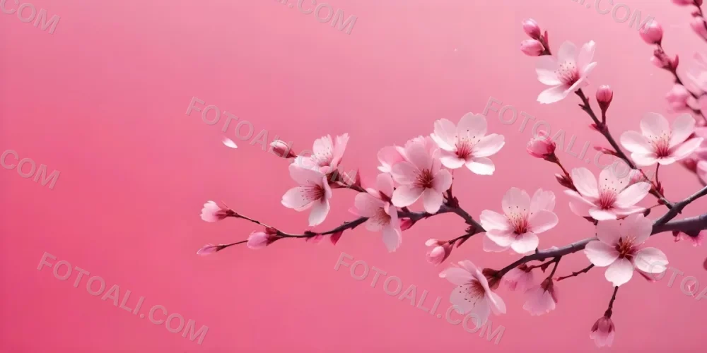 Digital Painting Cherry Blossom Branch With Pink Flowers And Falling Petals On A Vibrant Pink Gradient Background Soft Lighting Minimalist Composition Japanese Aesthetic Spring Season Bold And Slim Lines Brush Str 31 521d