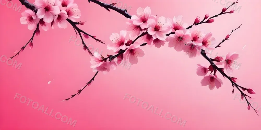 Digital Painting Cherry Blossom Branch With Pink Flowers And Falling Petals On A Vibrant Pink Gradient Background Soft Lighting Minimalist Composition Japanese Aesthetic Spring Season Bold And Slim Lines Brush Str 36 52e7