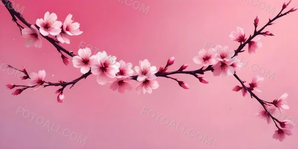 Digital Painting Cherry Blossom Branch With Pink Flowers And Falling Petals On A Vibrant Pink Gradient Background Soft Lighting Minimalist Composition Japanese Aesthetic Spring Season Bold And Slim Lines Brush Str 42 28d7