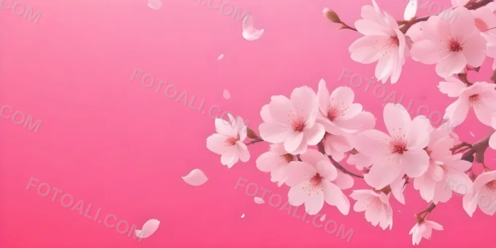 Digital Painting Cherry Blossom Branch With Pink Flowers And Falling Petals On A Vibrant Pink Gradient Background Soft Lighting Minimalist Composition Japanese Aesthetic Spring Season Bold And Slim Lines Brush Str 47 F96e