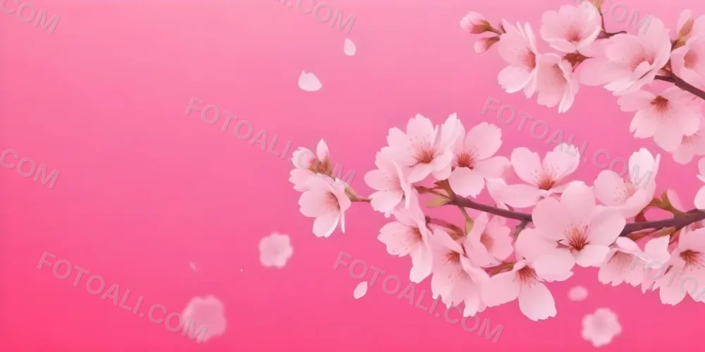 Digital Painting Cherry Blossom Branch With Pink Flowers And Falling Petals On A Vibrant Pink Gradient Background Soft Lighting Minimalist Composition Japanese Aesthetic Spring Season Bold And Slim Lines Brush Str 51 7150