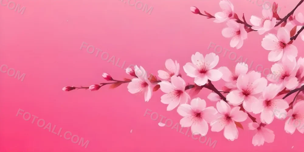 Digital Painting Cherry Blossom Branch With Pink Flowers And Falling Petals On A Vibrant Pink Gradient Background Soft Lighting Minimalist Composition Japanese Aesthetic Spring Season Bold And Slim Lines Brush Str 58 918a