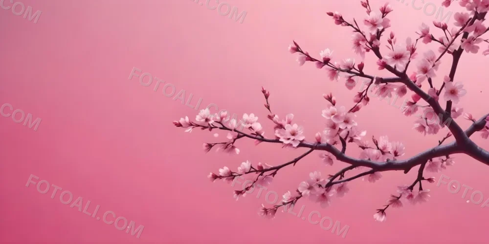 Digital Painting Cherry Blossom Branch With Pink Flowers And Falling Petals On A Vibrant Pink Gradient Background Soft Lighting Minimalist Composition Japanese Aesthetic Spring Season Bold And Slim Lines Brush Str 6 2be8