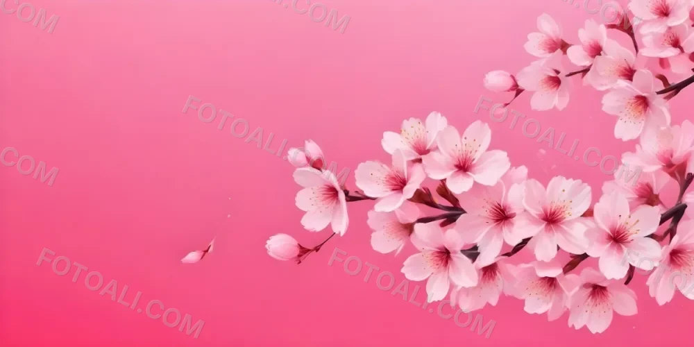 Digital Painting Cherry Blossom Branch With Pink Flowers And Falling Petals On A Vibrant Pink Gradient Background Soft Lighting Minimalist Composition Japanese Aesthetic Spring Season Bold And Slim Lines Brush Str 70 9a54