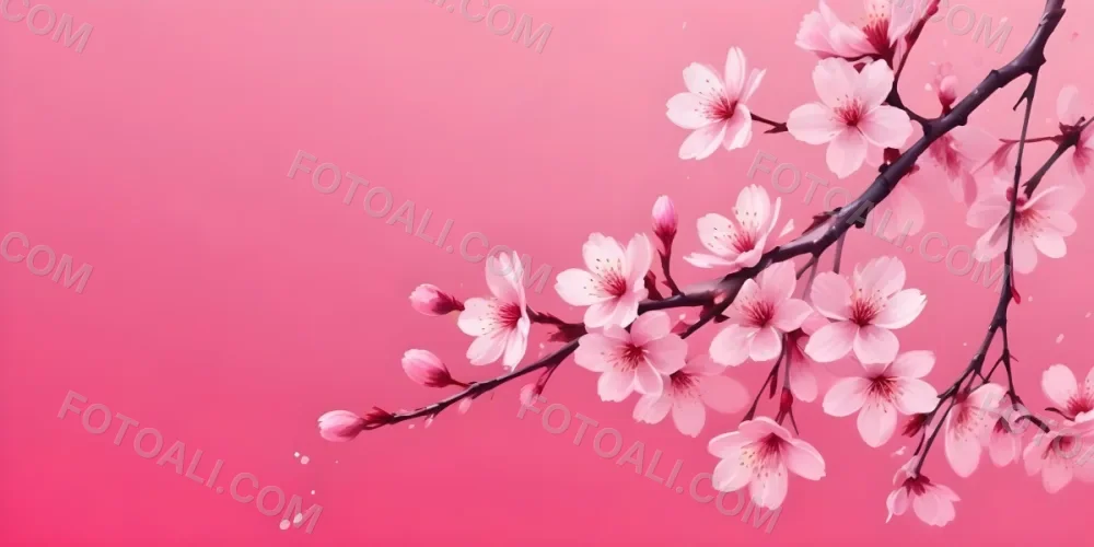Digital Painting Cherry Blossom Branch With Pink Flowers And Falling Petals On A Vibrant Pink Gradient Background Soft Lighting Minimalist Composition Japanese Aesthetic Spring Season Bold And Slim Lines Brush Str 72 9b41