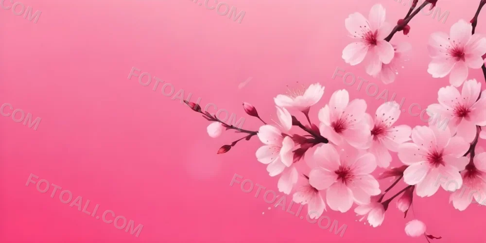 Digital Painting Cherry Blossom Branch With Pink Flowers And Falling Petals On A Vibrant Pink Gradient Background Soft Lighting Minimalist Composition Japanese Aesthetic Spring Season Bold And Slim Lines Brush Str 73 9c7f