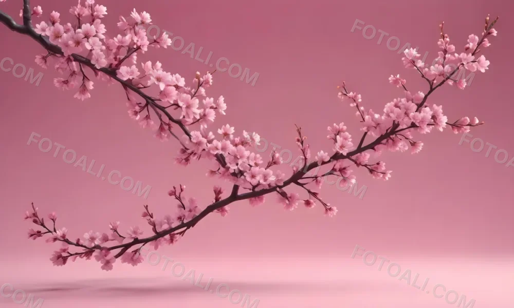 Digital Painting Cherry Blossom Branch With Pink Flowers And Petals Falling In A Gradient Pink Background Spring Season Floral Design Nature Illustration Bold And Slim Lines Brush Strokes 1 0340