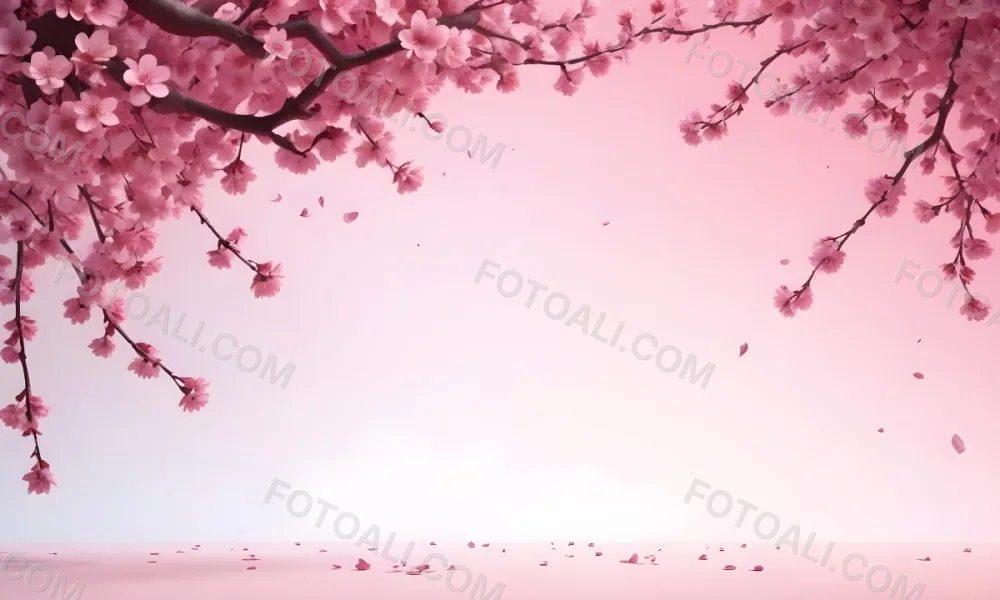 Digital Painting Cherry Blossom Branch With Pink Flowers And Petals Falling In A Gradient Pink Background Spring Season Floral Design Nature Illustration Bold And Slim Lines Brush Strokes 25 3370