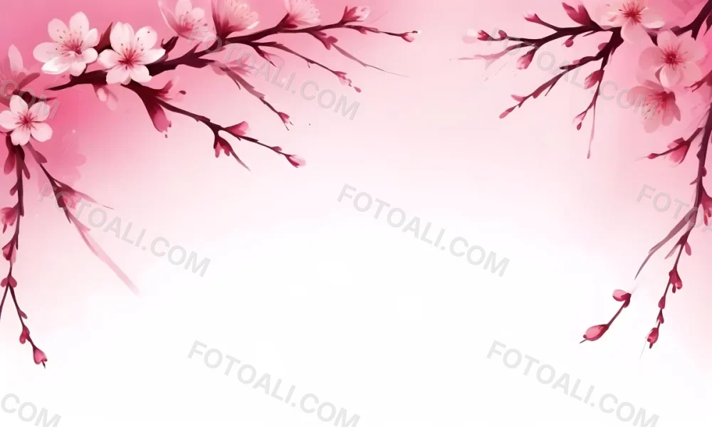 Digital Painting Cherry Blossom Branch With Pink Flowers And Petals Falling In A Gradient Pink Background Spring Season Floral Design Nature Illustration Bold And Slim Lines Brush Strokes 32 D1e2