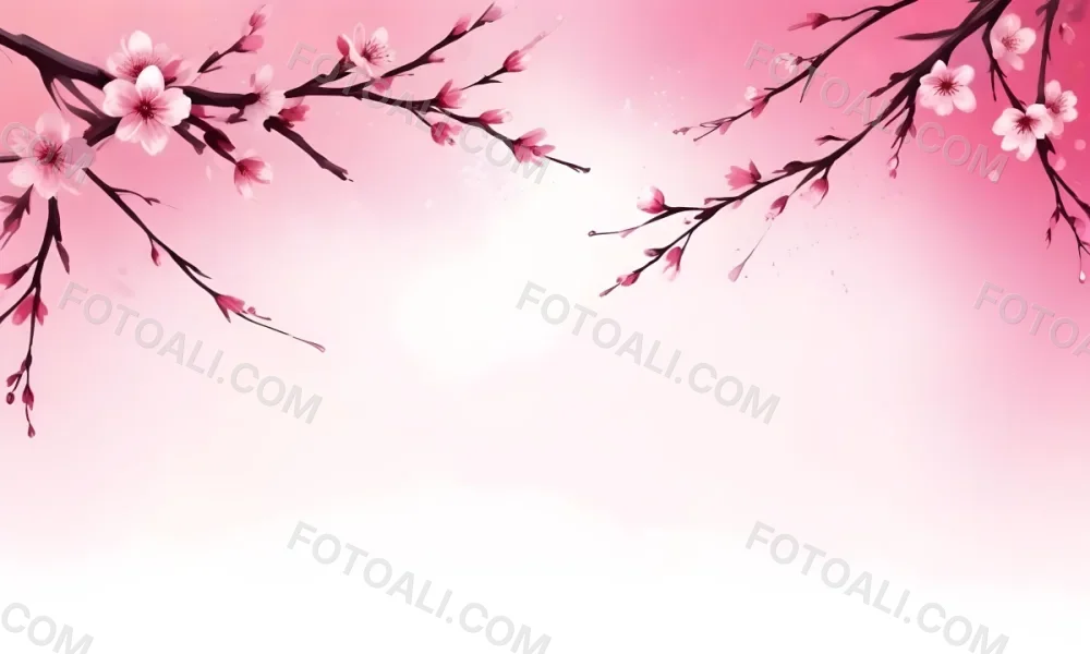 Digital Painting Cherry Blossom Branch With Pink Flowers And Petals Falling In A Gradient Pink Background Spring Season Floral Design Nature Illustration Bold And Slim Lines Brush Strokes 36 6806