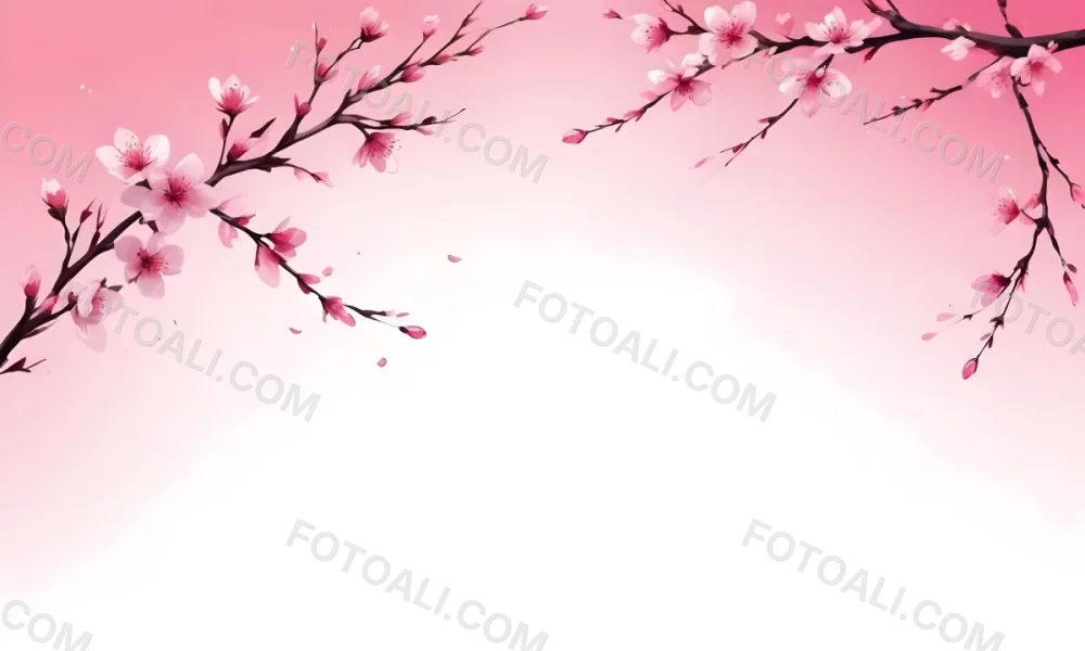 Digital Painting Cherry Blossom Branch With Pink Flowers And Petals Falling In A Gradient Pink Background Spring Season Floral Design Nature Illustration Bold And Slim Lines Brush Strokes 4 7489