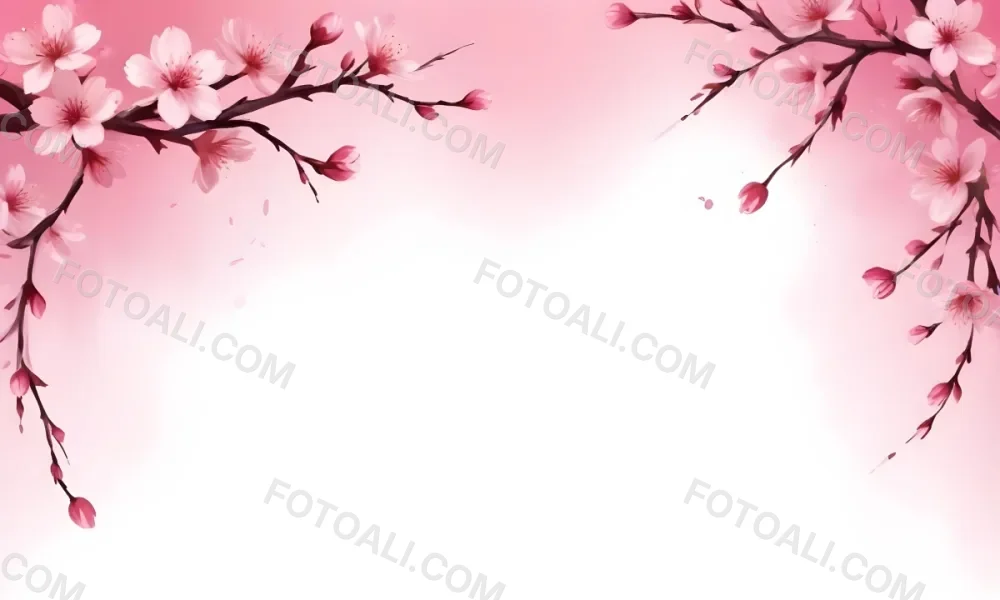 Digital Painting Cherry Blossom Branch With Pink Flowers And Petals Falling In A Gradient Pink Background Spring Season Floral Design Nature Illustration Bold And Slim Lines Brush Strokes 41 1577