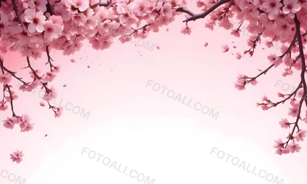 Digital Painting Cherry Blossom Branch With Pink Flowers And Petals Falling In A Gradient Pink Background Spring Season Floral Design Nature Illustration Bold And Slim Lines Brush Strokes 48 Eb00