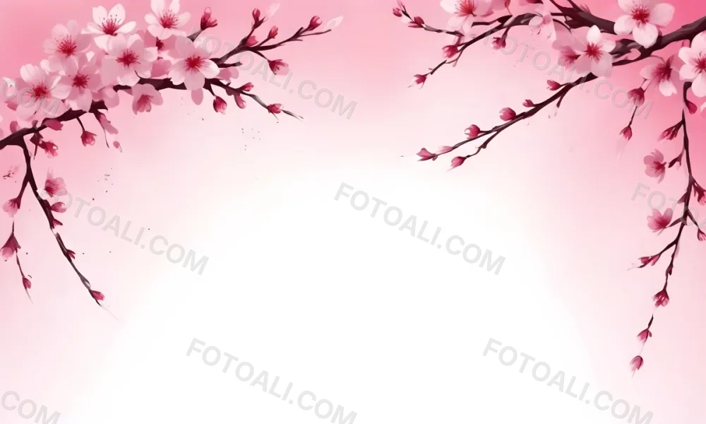 Digital Painting Cherry Blossom Branch With Pink Flowers And Petals Falling In A Gradient Pink Background Spring Season Floral Design Nature Illustration Bold And Slim Lines Brush Strokes 49 781a