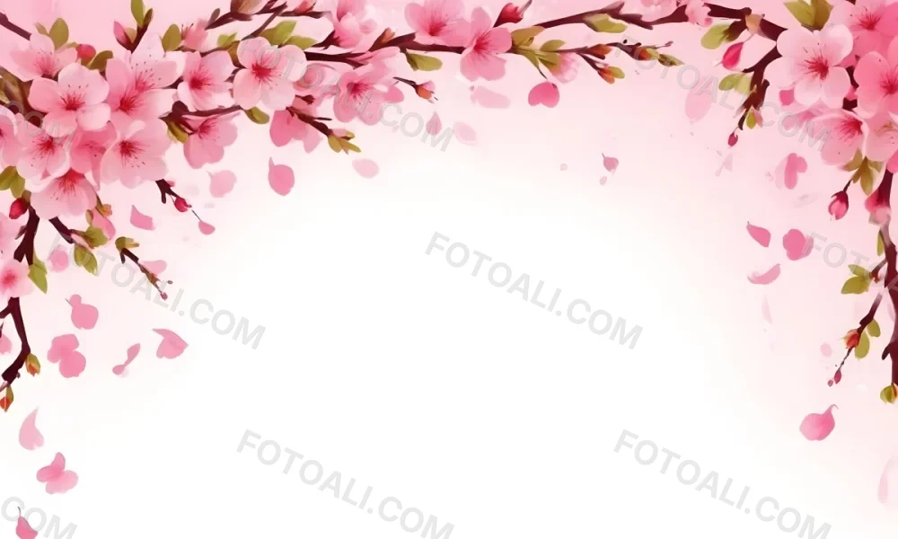 Digital Painting Cherry Blossom Branch With Pink Flowers And Petals Falling In A Gradient Pink Background Spring Season Floral Design Nature Illustration Bold And Slim Lines Brush Strokes 69 C828