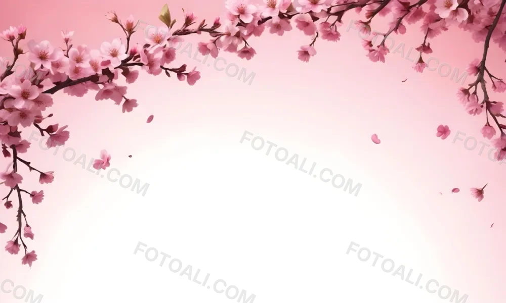 Digital Painting Cherry Blossom Branch With Pink Flowers And Petals Falling In A Gradient Pink Background Spring Season Floral Design Nature Illustration Bold And Slim Lines Brush Strokes 7 8b4a