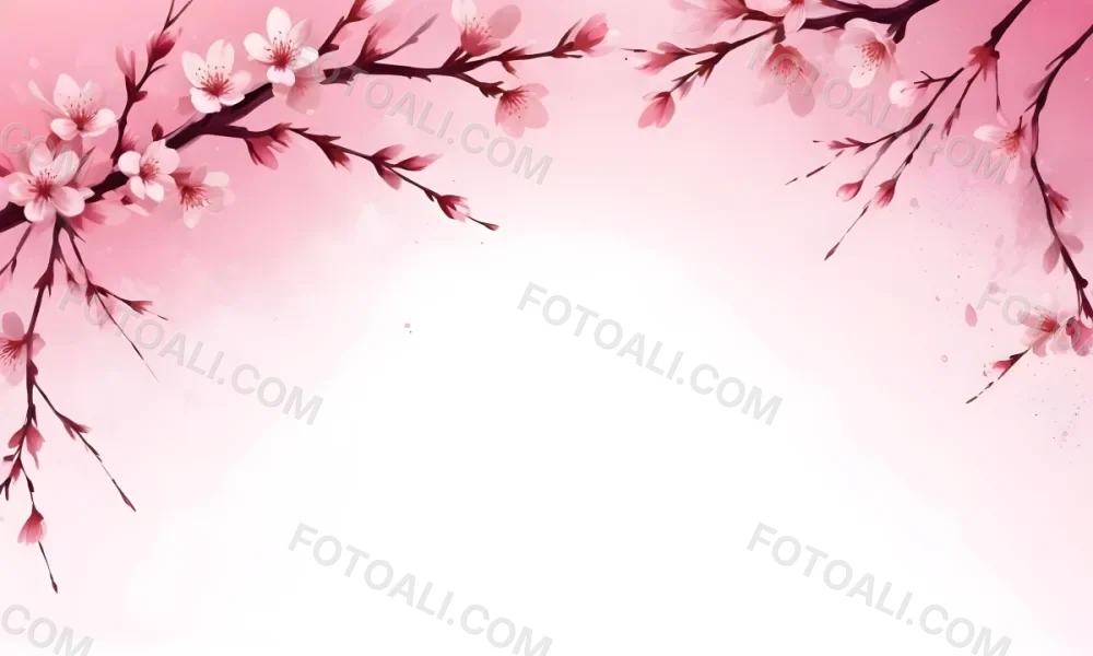 Digital Painting Cherry Blossom Branch With Pink Flowers And Petals Falling In A Gradient Pink Background Spring Season Floral Design Nature Illustration Bold And Slim Lines Brush Strokes 70 0433