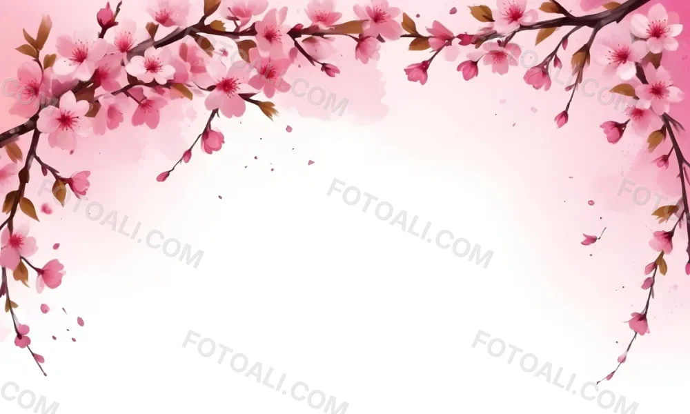 Digital Painting Cherry Blossom Branch With Pink Flowers And Petals Falling In A Gradient Pink Background Spring Season Floral Design Nature Illustration Bold And Slim Lines Brush Strokes 73 Fe75