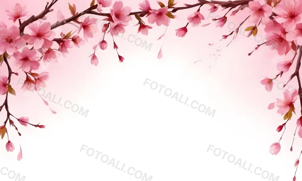 Digital Painting Cherry Blossom Branch With Pink Flowers And Petals Falling In A Gradient Pink Background Spring Season Floral Design Nature Illustration Bold And Slim Lines Brush Strokes 74 0bf9