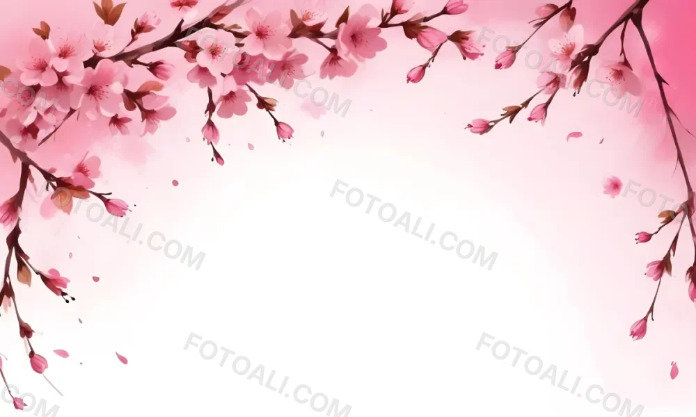 Digital Painting Cherry Blossom Branch With Pink Flowers And Petals Falling In A Gradient Pink Background Spring Season Floral Design Nature Illustration Bold And Slim Lines Brush Strokes 75 Dbf1