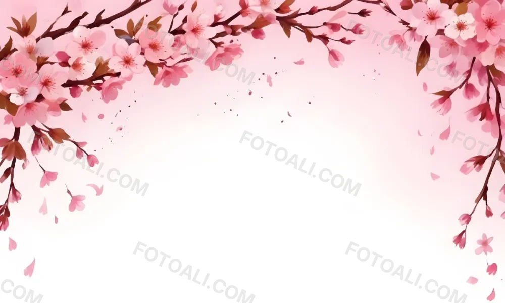 Digital Painting Cherry Blossom Branch With Pink Flowers And Petals Falling In A Gradient Pink Background Spring Season Floral Design Nature Illustration Bold And Slim Lines Brush Strokes 76 4af2