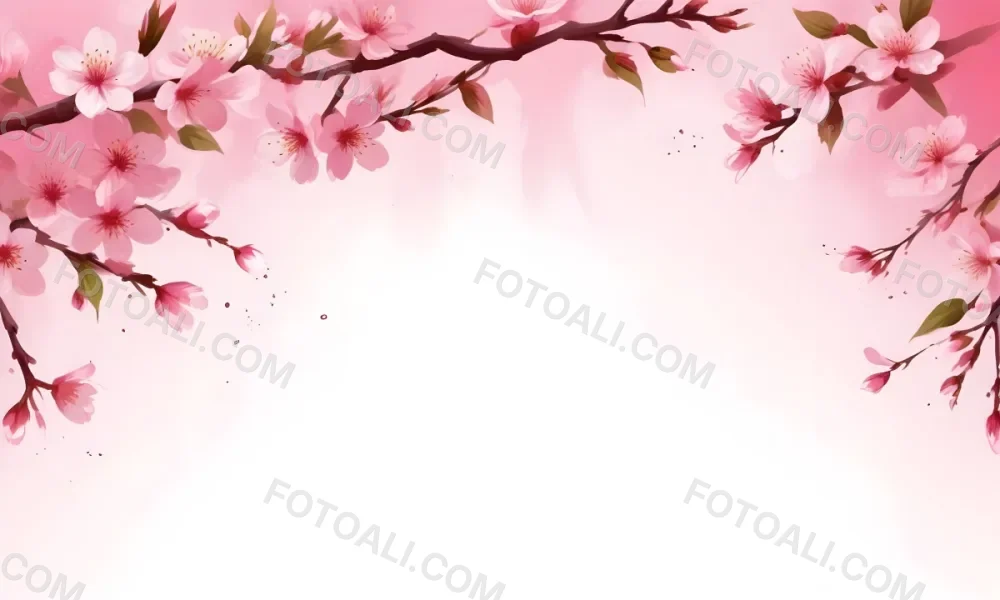 Digital Painting Cherry Blossom Branch With Pink Flowers And Petals Falling In A Gradient Pink Background Spring Season Floral Design Nature Illustration Bold And Slim Lines Brush Strokes 77 49da