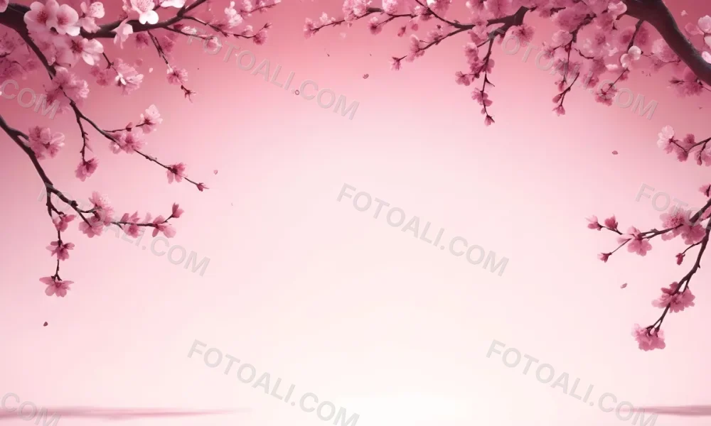Digital Painting Cherry Blossom Branch With Pink Flowers And Petals Falling In A Gradient Pink Background Spring Season Floral Design Nature Illustration Bold And Slim Lines Brush Strokes 9 9725
