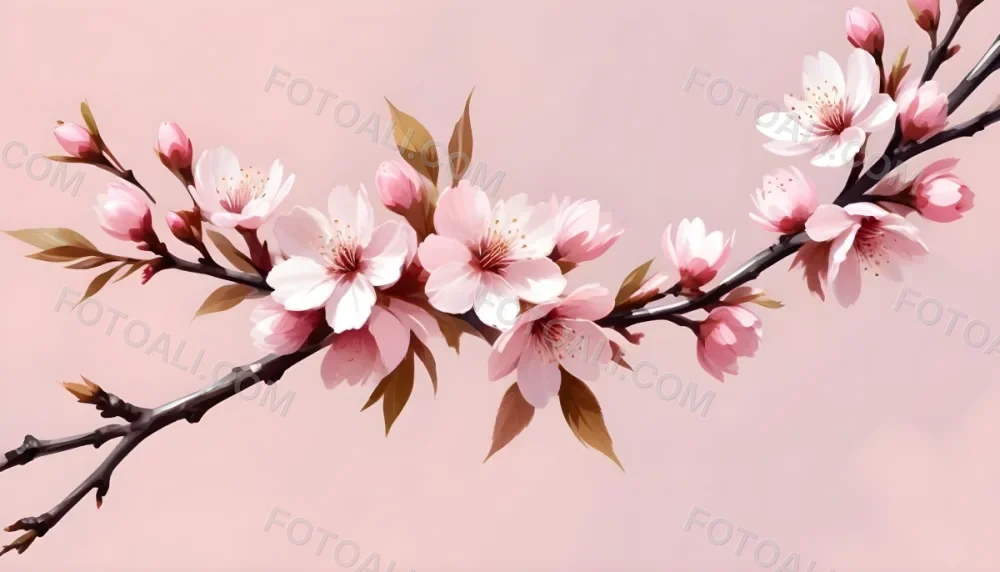 Digital Painting Cherry Blossom Branch With Pink Flowers Soft Pink Background Delicate Floral Arrangement Minimalist Design Elegant Spring Theme Pastel Colors Floral Border Botanical Illustration Romantic 10 8269