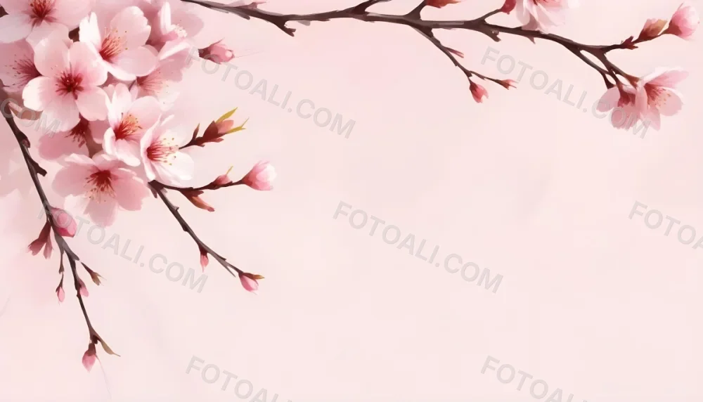 Digital Painting Cherry Blossom Branch With Pink Flowers Soft Pink Background Delicate Floral Arrangement Minimalist Design Elegant Spring Theme Pastel Colors Floral Border Botanical Illustration Romantic 16 942c