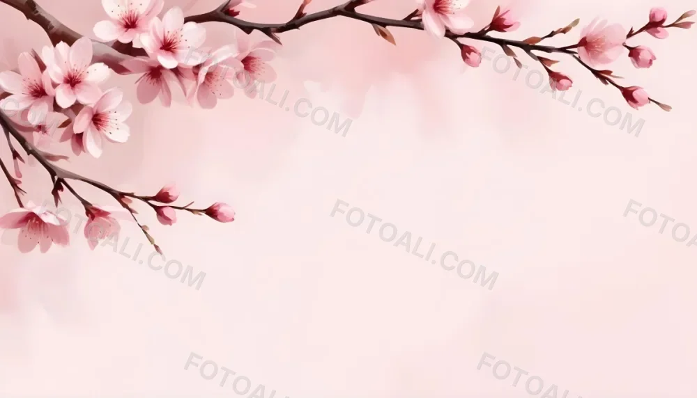 Digital Painting Cherry Blossom Branch With Pink Flowers Soft Pink Background Delicate Floral Arrangement Minimalist Design Elegant Spring Theme Pastel Colors Floral Border Botanical Illustration Romantic 20 A315