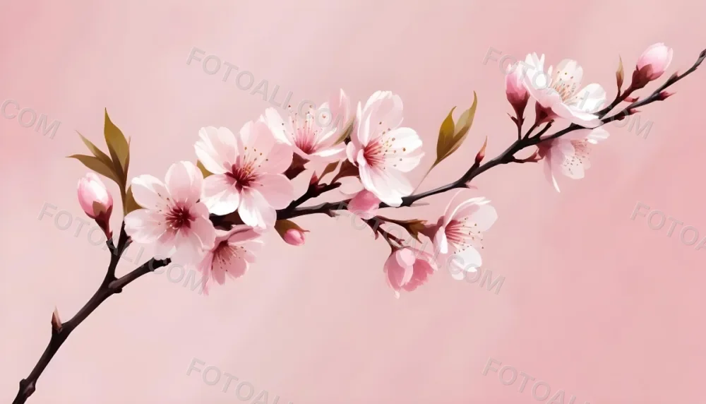 Digital Painting Cherry Blossom Branch With Pink Flowers Soft Pink Background Delicate Floral Arrangement Minimalist Design Elegant Spring Theme Pastel Colors Floral Border Botanical Illustration Romantic 21 Aefe