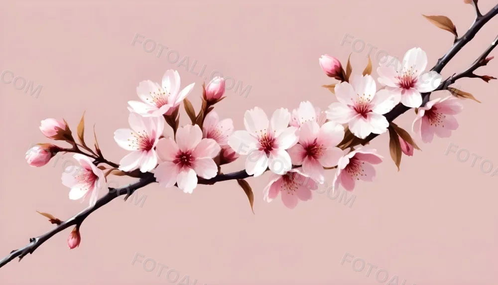 Digital Painting Cherry Blossom Branch With Pink Flowers Soft Pink Background Delicate Floral Arrangement Minimalist Design Elegant Spring Theme Pastel Colors Floral Border Botanical Illustration Romantic 22 0e35